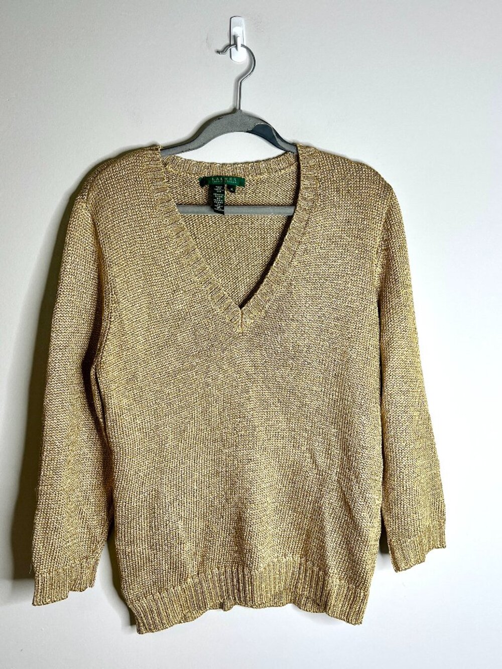 Lauren Ralph Lauren Gold Metallic V-Neck Chunky Sweater Festive Holiday Sz XL